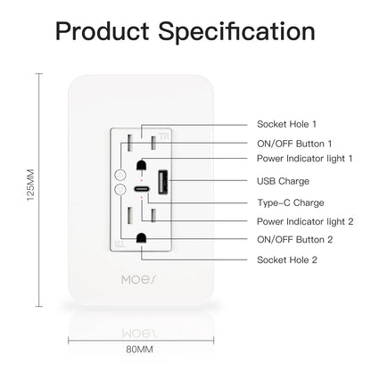WiFi Smart Wall Socket with USB & Type-C Ports