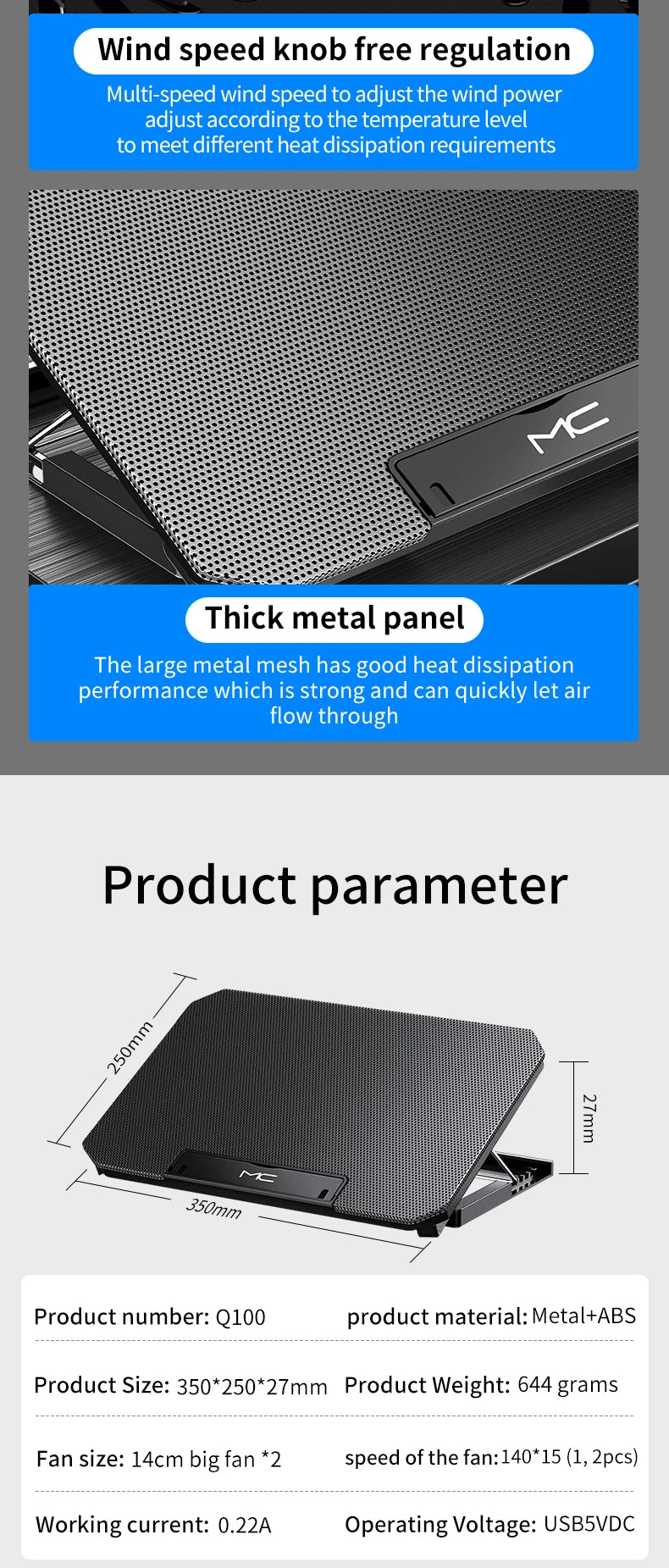 Q100 17-inch Gaming Laptop Cooling Pad (2600RPM)